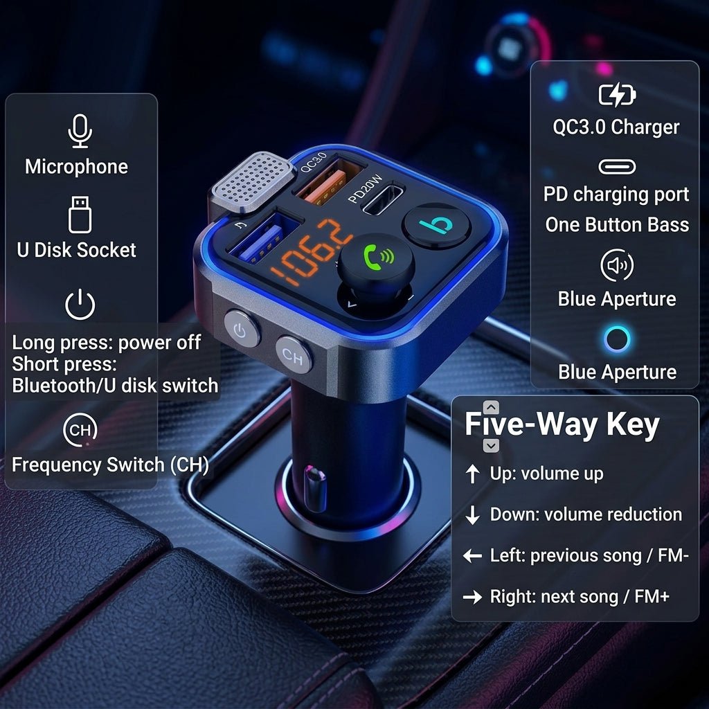 Transmisor FM Bluetooth con carga PD para coche - imagen 3