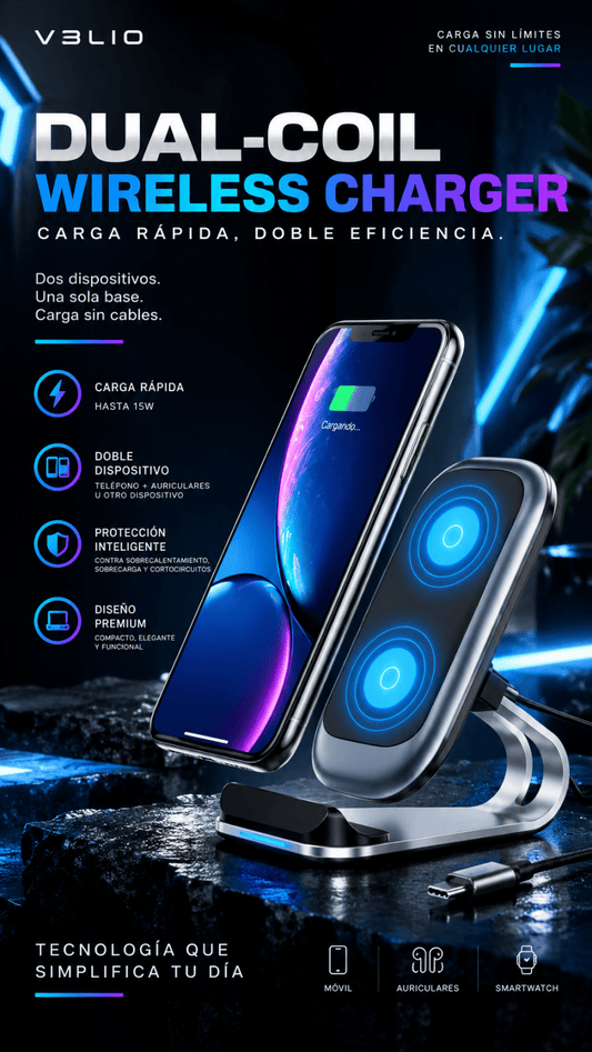Cargador Inalámbrico de Escritorio con Doble Bobina - V3LIO